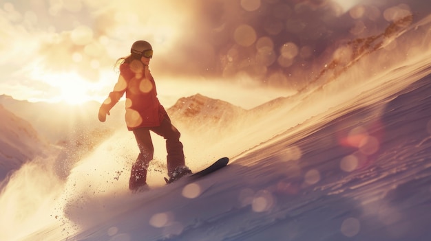 Kostenloses Foto view of woman snowboarding with pastel shades and dreamy landscape