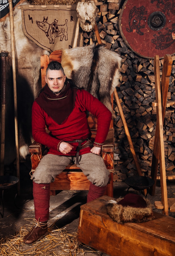 Kostenlose Foto viking posiert gegen das alte innere der wikinger.