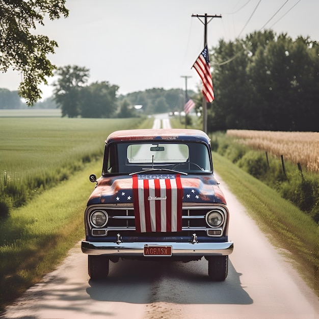 Kostenloses Foto vintage amerikanisches auto auf landstraße mit amerikanischer flagge im vordergrund