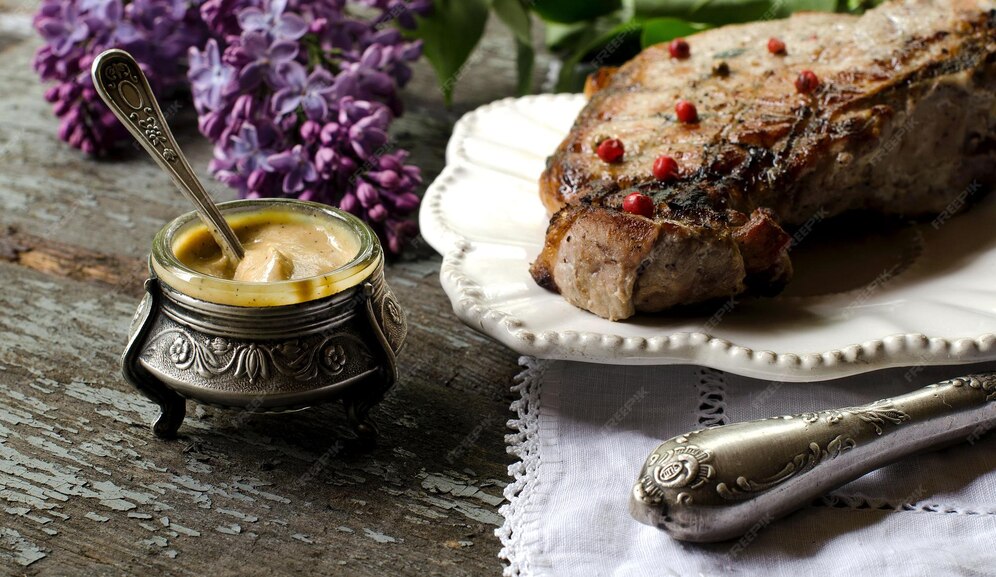 Vintagesenfglassteak und ein messer auf dem nassen tisch