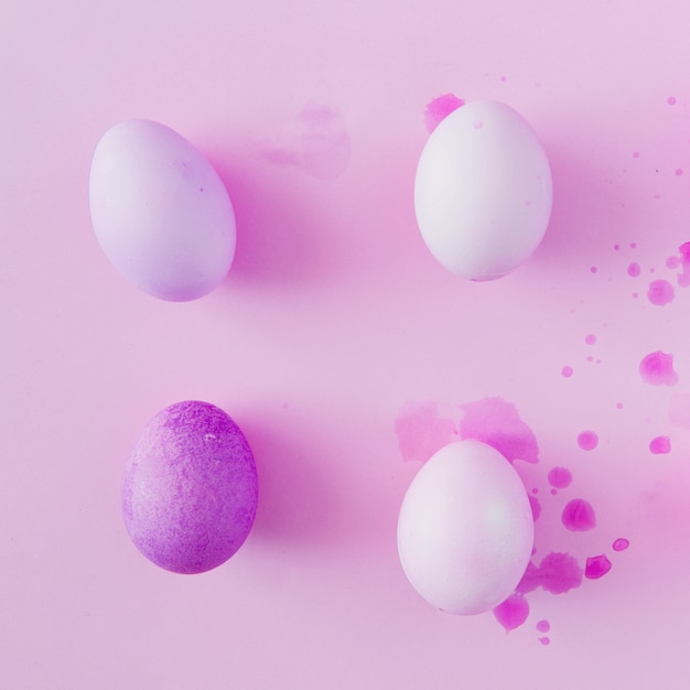 Violette und weiße Ostereier zwischen Spritzern von Farbstoffflüssigkeit