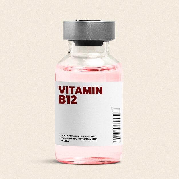 Vitamin B12 Injektion in eine Glasflasche mit rosa Flüssigkeit