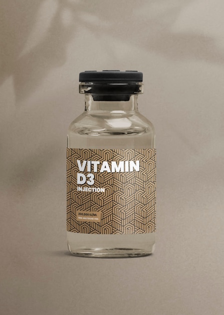 Kostenloses Foto vitamin d3-injektionsglasflasche mit luxuriösem etikett für die verpackung von gesundheits- und wellnessprodukten