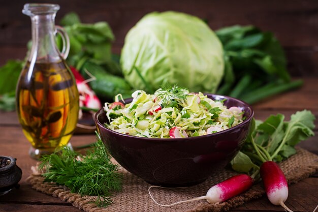 Vitaminsalat von jungem Gemüse: Kohl, Radieschen, Gurke und frische Kräuter