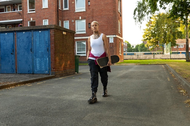 Voll erschossene Frau mit Skateboard