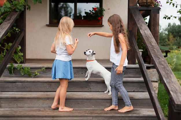 Voll geschossene Mädchen, die mit Hund spielen