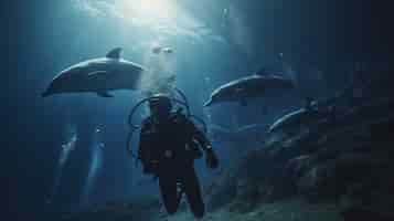 Kostenloses Foto vollbild: mann schwimmt mit delfinen