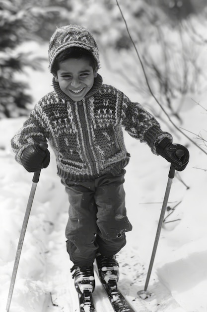 Kostenloses Foto vollbild von einem kind, das monochrom skiert