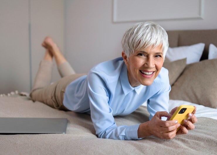 Vollbildaufnahme einer Frau, die mit dem Smartphone eine Pause macht