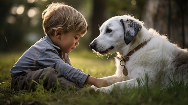 Vollbildaufnahme eines Kindes, das mit einem Hund spielt