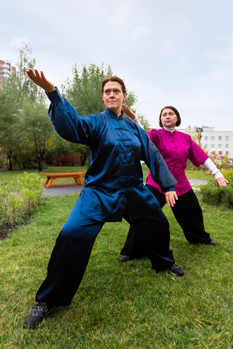 Kostenlose Foto vollbildfrauen, die im freien tai chi üben