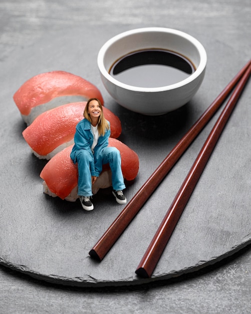 Kostenloses Foto volle schussfrau, die mit sushi aufwirft