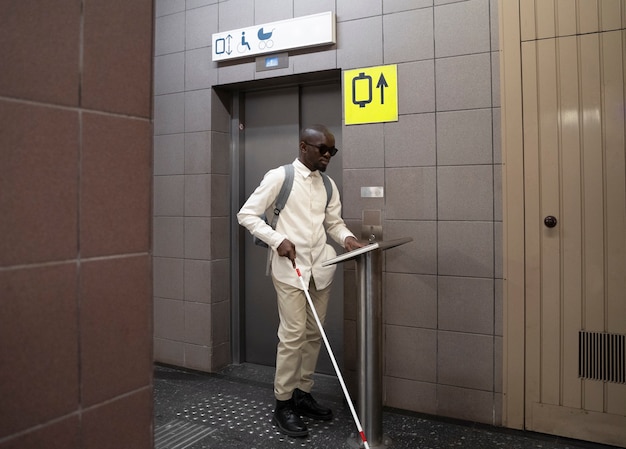 Kostenloses Foto voller schuss blinder mann mit braille-alphabet