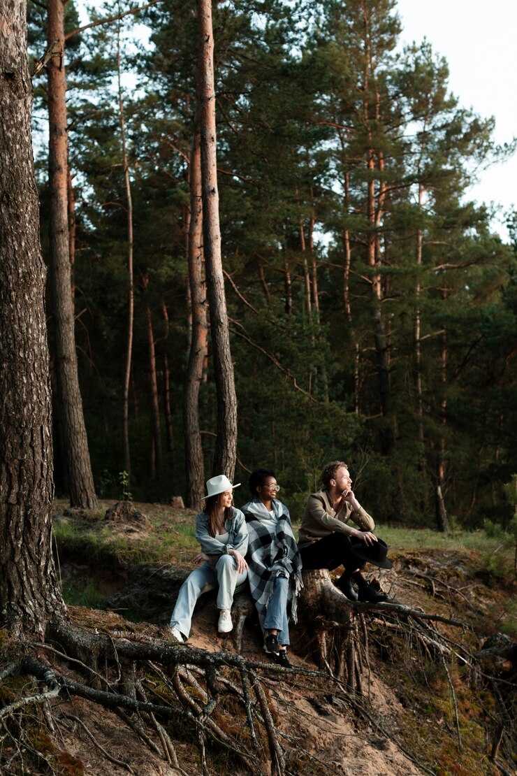 Kostenlose Foto voller schuss glückliche leute, die im wald sitzen