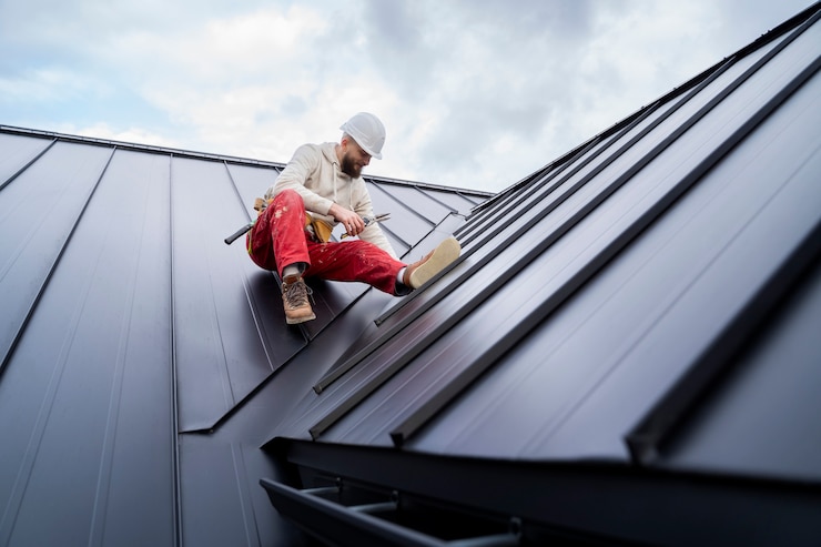 Kostenlose Foto voller schuss mann, der auf dem dach arbeitet