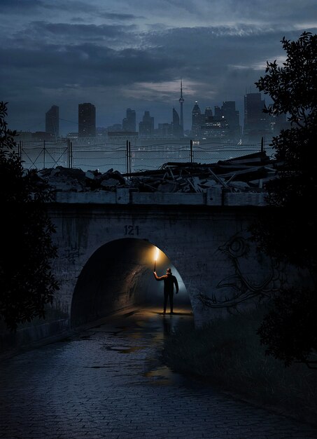 Voller Schuss Mann unter Brücke mit Licht