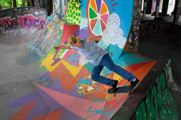 Voller Schuss Teenager mit Skateboard draußen