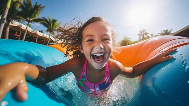 Volles Foto von einem Mädchen, das sich am Pool amüsiert