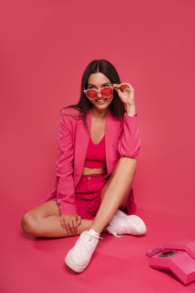 Kostenlose Foto volles foto von einer frau, die mit einem rosa outfit posiert
