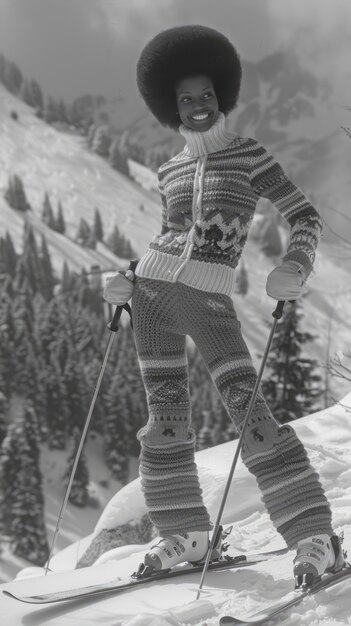 Volles Foto von einer Frau, die monochrom skiert