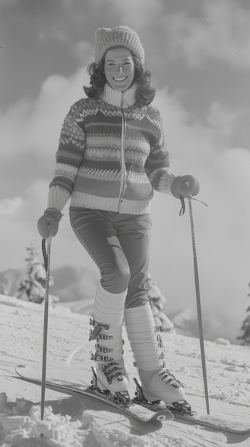 Volles Foto von einer Frau, die monochrom skiert