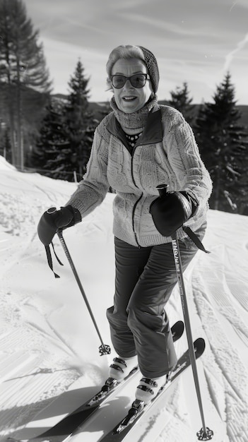 Kostenloses Foto volles foto von einer frau, die monochrom skiert