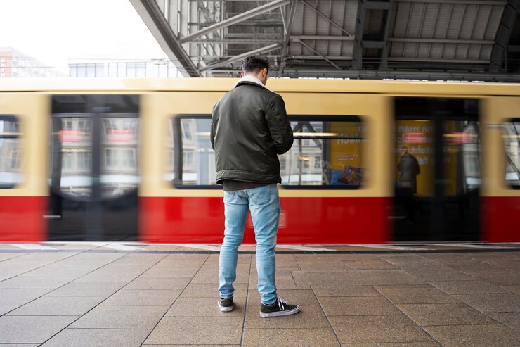 Kostenlose Foto vollgeschossener mann wartet auf den zug