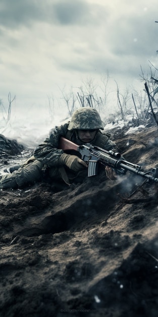 Kostenloses Foto vollschuss-soldat, der mit waffe kämpft