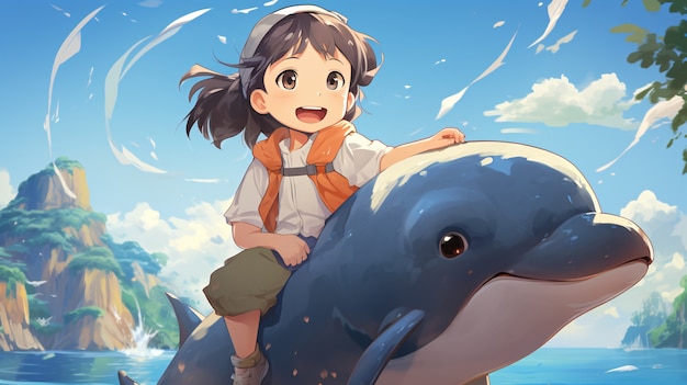 Kostenloses Foto vollständige aufnahme von anime-figuren auf delfinen