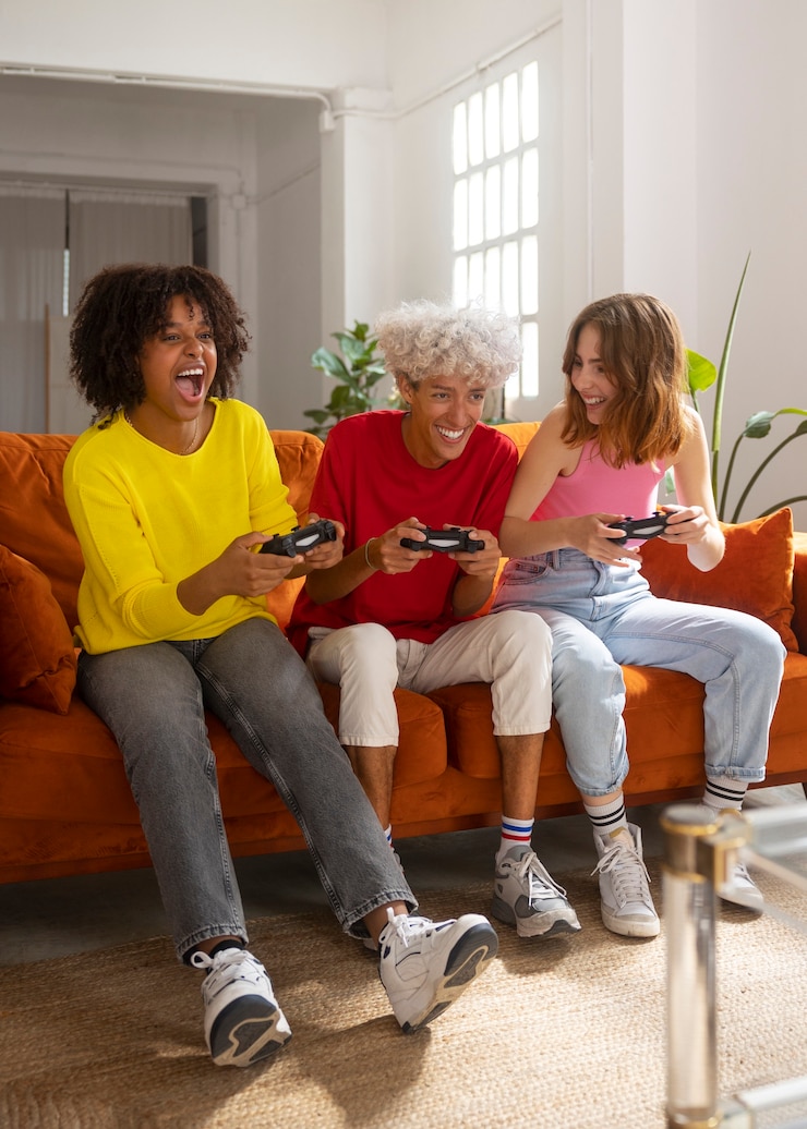 Kostenlose Foto vollständige freunde, die videospiele spielen