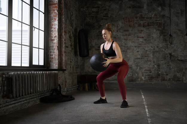 Vollständiges Frauentraining mit Gymnastikball