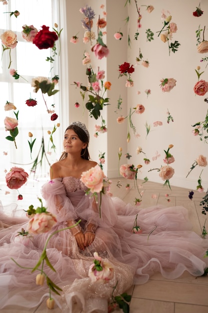 Kostenloses Foto vollständiges schussmädchen, das mit blumen aufwirft