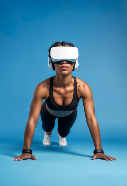 Vollwertige Frau macht Fitness mit VR-Brille