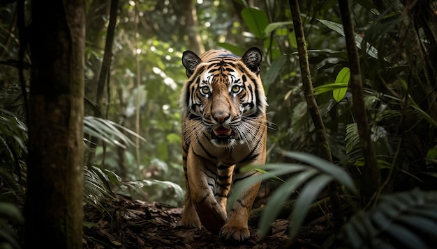 Vom Aussterben bedrohter bengalischer Tiger verbirgt Blicke vor Blättern, die von der KI erzeugt werden