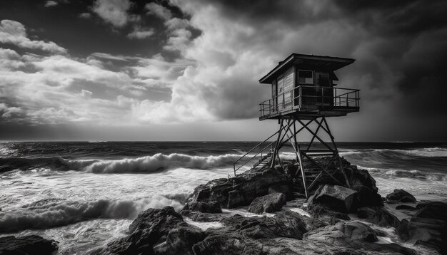 Kostenloses Foto von ki erstellte rettungsschwimmerhütte aus rauem holz an einer ruhigen küste