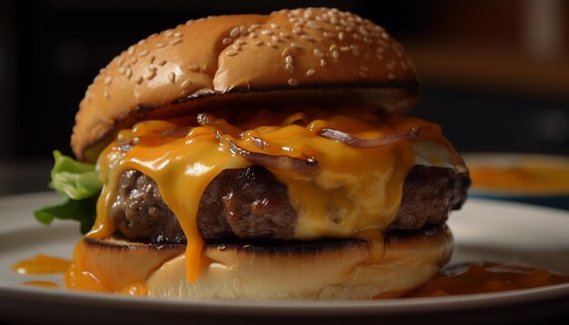 Von KI erzeugter gegrillter Burger mit geschmolzenem Cheddar und Pommes