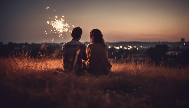 Von KI generierte Sonnenuntergangsromantik zwischen zwei Menschen, die sich auf einer Wiese umarmen