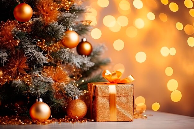 Vor dem verschwommenen Hintergrund ist eine schöne weihnachtliche Komposition aus Geschenken und einem Weihnachtsbaum zu sehen.