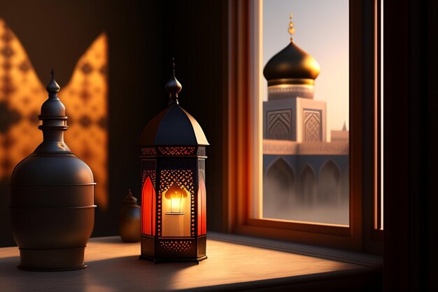 Vor einem Fenster steht eine Laterne mit der Aufschrift Ramadan.
