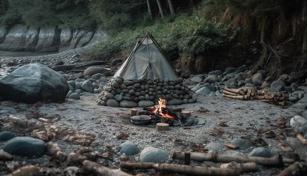 Kostenloses Foto vor einem lagerfeuer wird ein zelt aufgebaut.