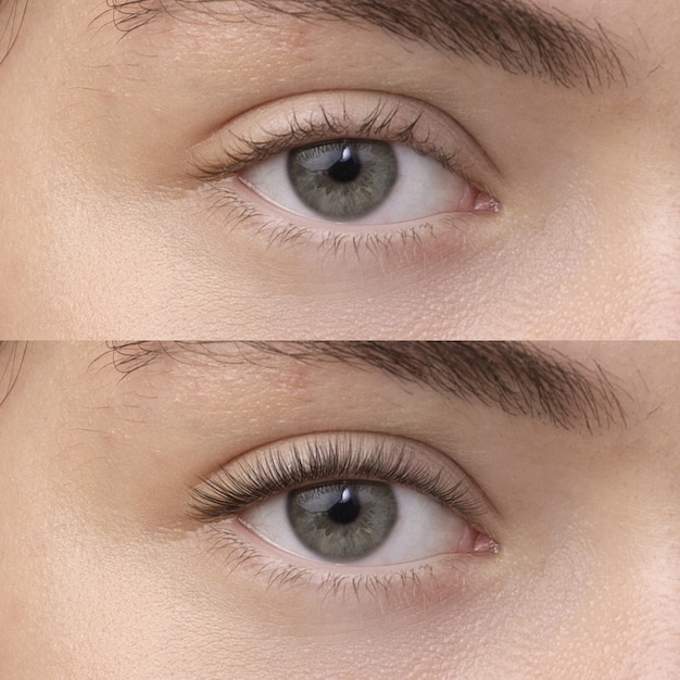 Kostenloses Foto vor und nach der wimpernverlängerung aus nächster nähe