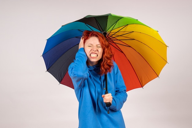 Vorderansicht der jungen Frau mit buntem Regenschirm auf weißer Wand