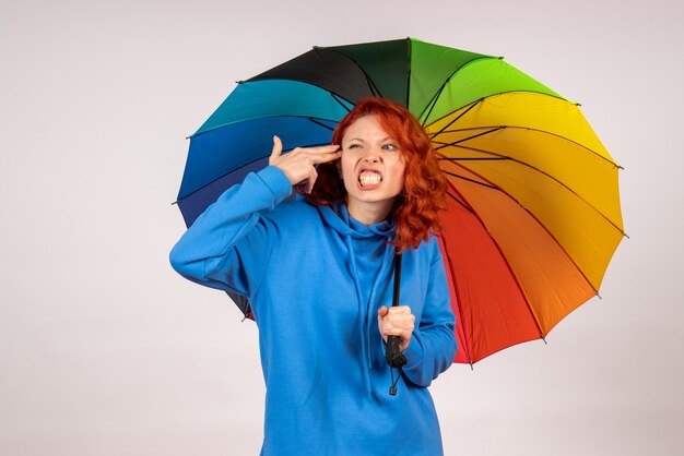 Vorderansicht der jungen Frau mit buntem Regenschirm auf weißer Wand