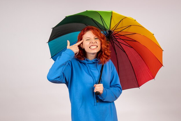 Vorderansicht der jungen Frau mit buntem Regenschirm auf weißer Wand