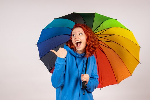 Vorderansicht der jungen Frau mit buntem Regenschirm auf weißer Wand