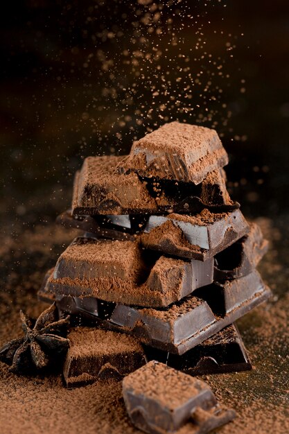 Vorderansicht der Schokolade mit Kakaopulver