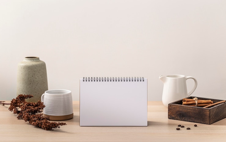 Kostenlose Foto vorderansicht des tisches mit kalender und kaffeetasse