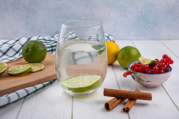 Vorderansicht des Wassers in einem Glas mit Limette und Zitrone auf einem Brett mit Zimt und roten Johannisbeeren auf einer weißen Oberfläche