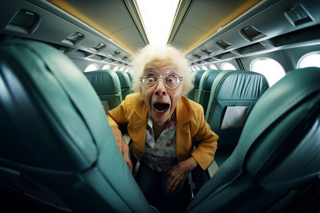 Vorderansicht einer alten Frau, die im Flugzeug Angst hat