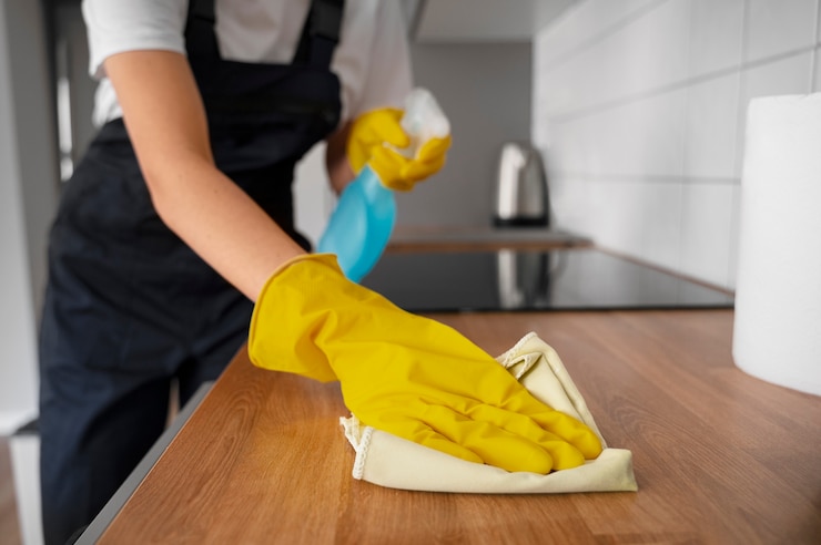 Kostenlose Foto vorderansicht einer frau, die ihr zuhause putzt